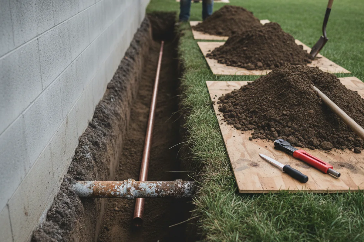 Excavated water line trench during Water Heater Repair in La Vista
